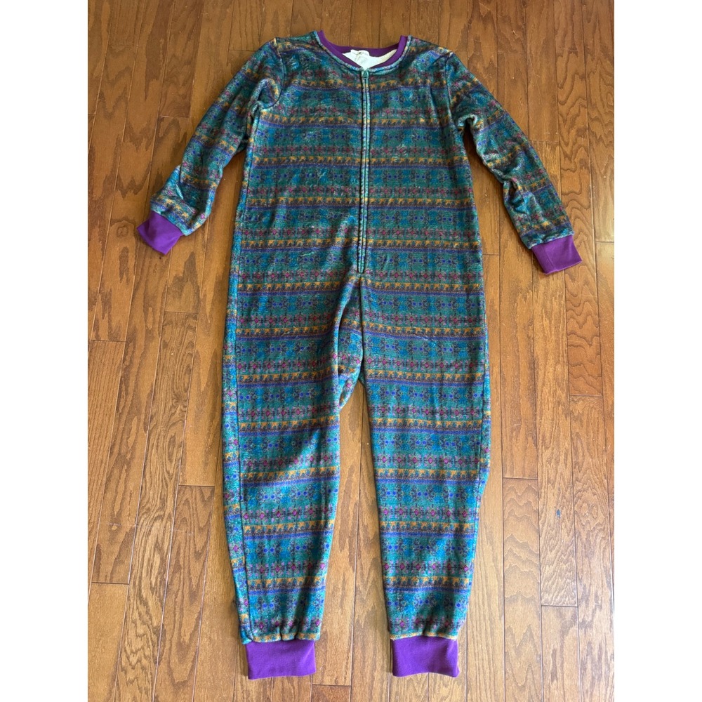 Natural Life Women Teal Purple Floral Fleece One Piece Sleepwear Jumpsuit L/XL - Picture 2 of 9